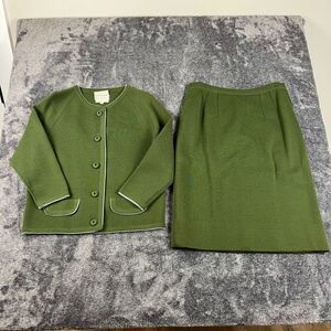 Vtg 60's St. Andrews 100% Pure Zephyr Wool Knitted Cardigan Skirt Set Green 16